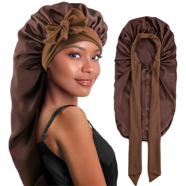 bonnet satin cheveux lisse marron
